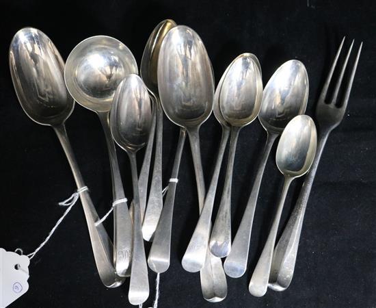 A pair of Georgian silver Hanover pattern tablespoons, a pair of George III circular bowl sauce ladles and sundries,